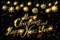 Merry Christmas and Happy New Year gold Shiny Glitter. Calligraphy Typographical on golden Xmas background with winter landscape w Royalty Free Stock Photo