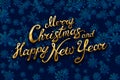 Merry Christmas and Happy New Year gold Shiny Glitter. Calligraphy Typographical on golden Xmas background with winter landscape w Royalty Free Stock Photo