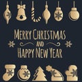 Merry Christmas and Happy New Year. Golden Congratulations card.