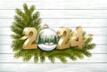 Merry Christmas and Happy New Year 2024. Golden 3D numbers