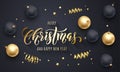 Merry Christmas and Happy New Year golden decoration, hand drawn calligraphy gold font for greeting card premium black background Royalty Free Stock Photo