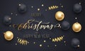 Merry Christmas and Happy New Year golden decoration, hand drawn gold calligraphy font for greeting card black background. Vector