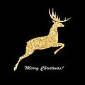 Merry Christmas and happy new year. Golden deer jumping, for print, card or holiday Royalty Free Stock Photo