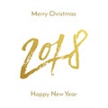 Merry Christmas 2018 Happy New Year golden glitter calligraphy lettering font for greeting card design template. Vector hand drawn Royalty Free Stock Photo