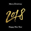 Merry Christmas 2018 Happy New Year golden glitter calligraphy lettering font for greeting card design template. Vector hand drawn