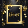 Merry Christmas Happy New Year golden glitter christmas elegant frame decoration black background