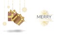 Merry Christmas and Happy New Year with a golden gradient. Around the text beautiful golden snowflakes. Near wiast gifts tied with