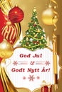 Merry Christmas and Happy New Year - golden greeting card in Norwegian Royalty Free Stock Photo