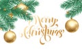 Merry Christmas and Happy New Year golden hand drawn quote calligraphy font on white snow and ornament for holiday greeting card. Royalty Free Stock Photo