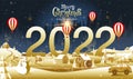 Merry Christmas, happy new year, 2022, Golden landscape fantasy, vector illustration Royalty Free Stock Photo