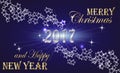 Merry Christmas and Happy New Year 2017 Golden Lettering Typography and Bright Stars on a Dark Blue Background. Royalty Free Stock Photo
