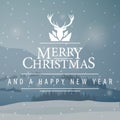 Merry Christmas and happy New Year, gray square postcard with winter landscape and greeting logotype with deer Royalty Free Stock Photo