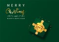 Merry Christmas and Happy New year. Green gift box decorated with gold bow-ribbon, gold confetti. Top view. Luxury style.