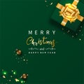 Merry Christmas and Happy New year. Green gift box decorated with gold bow-ribbon, Vintage Christmas ball. Royalty Free Stock Photo