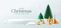 Merry christmas and happy new year, green and gold pine tree, podium display ornaments banners design background