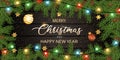 Merry Christmas and Happy New Year green pine leag light color gold ball stars on brown wood plank design for holiday festival
