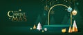 Merry christmas and happy new year, green podium display ornaments banners design on green background