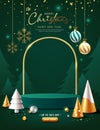 Merry christmas and happy new year, green podium display ornaments poster flyer design on green background