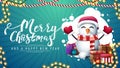 Merry Christmas and happy New Year, green postcard with abstract cloud of circles, garlands and snowman in Santa Claus hat with Royalty Free Stock Photo