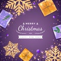 Merry Christmas and Happy New Year Greeting Background. Banner template. Xmas card. Snowflakes with gold confetti, gift boxes Royalty Free Stock Photo