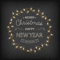 Merry Christmas and Happy New Year Greeting Background. Beautiful logo lettering with garlands, golden confetti tinsel on a black Royalty Free Stock Photo