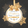Merry Christmas and Happy New Year Greeting Background. Xmas card. Ball with bow, ribbon and golden snowflakes sprinkled with spar Royalty Free Stock Photo