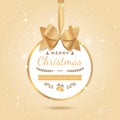 Merry Christmas and Happy New Year Greeting Background. Xmas card. Ball with gold bow and ribbon Royalty Free Stock Photo