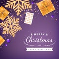 Merry Christmas and Happy New Year Greeting Background. Xmas card. Banner template. Gift boxes, snowflakes with gold confetti, bol Royalty Free Stock Photo