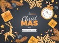 Merry Christmas and Happy New Year Greeting Background. Xmas card. Banner template. Golden decorations, realistic elements. Gift b Royalty Free Stock Photo