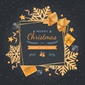 Merry Christmas and Happy New Year Greeting Background. Xmas card. Banner template. Golden snowflakes with confetti, gift boxes, w Royalty Free Stock Photo