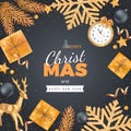 Merry Christmas and Happy New Year Greeting Background. Xmas card. Banner template. Golden snowflakes with confetti, gift boxes, w Royalty Free Stock Photo