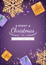 Merry Christmas and Happy New Year Greeting Background. Xmas card. Banner template. Snowflakes with gold confetti, gift boxes, gar Royalty Free Stock Photo