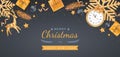 Merry Christmas and Happy New Year Greeting Background. Xmas card. Horizontal Banner template. Golden snowflakes with confetti Royalty Free Stock Photo