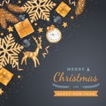 Merry Christmas and Happy New Year Greeting Background. Xmas card. Horizontal Banner template. Golden snowflakes with confetti Royalty Free Stock Photo