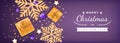 Merry Christmas and Happy New Year Greeting Background. Xmas card. Horizontal Banner template. Snowflakes with gold confetti, boll Royalty Free Stock Photo