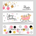 Merry Christmas and Happy New Year greeting banners set in pink, golden and black colors.