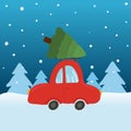 Merry Christmas and Happy New Year greeting car with car with christmas tree. Winter background. Vector illustration Royalty Free Stock Photo