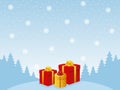 Christmas gifts in the snow with a forest silhouette and snowflakes Royalty Free Stock Photo