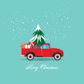 Merry Christmas and Happy New Year greeting card background with pickup truck with christmas tree and gift box - vector Royalty Free Stock Photo