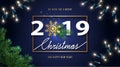 Merry Christmas and Happy New Year 2019 greeting card. Christmas Background with Season Wishes, Shining Gold Snowflake, Realistic Royalty Free Stock Photo