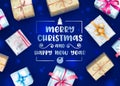 Merry Christmas and Happy New Year Greeting Card or Banner with Creative Typography and Colorful Wrapped Gift Boxes Royalty Free Stock Photo