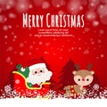 Merry Christmas and happy new year greeting card banner template with cute Santa Claus with gift, cartoon character in Christmas Royalty Free Stock Photo