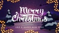 Merry Christmas and happy New Year, greeting card with beautiful lettering and purple winter cartoon landscape on the background Royalty Free Stock Photo