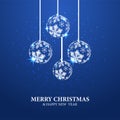 Merry Christmas and happy new year greeting card with blue background and illustration of shiny bauble snowflake Royalty Free Stock Photo