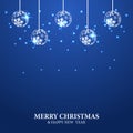 Merry Christmas and happy new year greeting card with blue background and illustration of shiny bauble snowflake Royalty Free Stock Photo