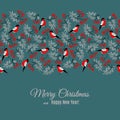 Merry Christmas and Happy New Year greeting card with bullfinch and rowan pattern on blue dark background