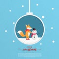 Merry Christmas and Happy new year greeting card. A happy child fox make a snowman in paper cut style. Vector illustration Royalty Free Stock Photo