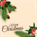 Merry Christmas and Happy New Year greeting card with Chrirstmas decorations fir cones, holly berry. Vector illustration Royalty Free Stock Photo