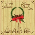 Merry Christmas and Happy New Year greeting card with Chrirstmas decorations fir cones, holly berry on wood boards. Wood Royalty Free Stock Photo