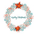 Merry Christmas and happy new year. Greeting card with christmas floral mistletoe wreath. Unique festive winter design